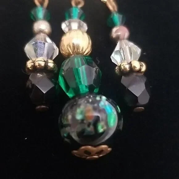 Chandelier Earrings Green 3 Rows Gold Post - Picture 5 of 11